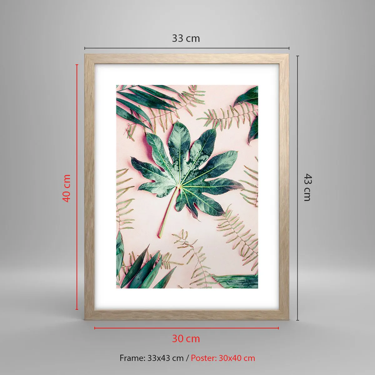 Poster in light oak frame - Study in Green on Pink Background - 30x40 cm