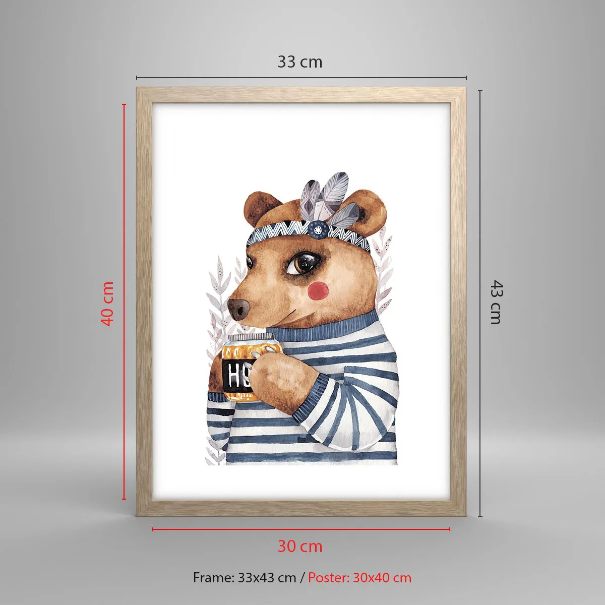 Pôster com moldura de carvalho claro - Doce ursa - 30x40 cm