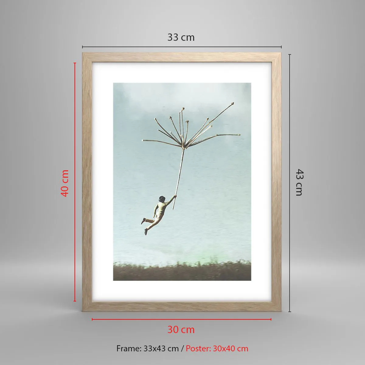 Affiche dans un chêne clair - Poster - Cerfs-volants, pissenlits, vent - 30x40 cm