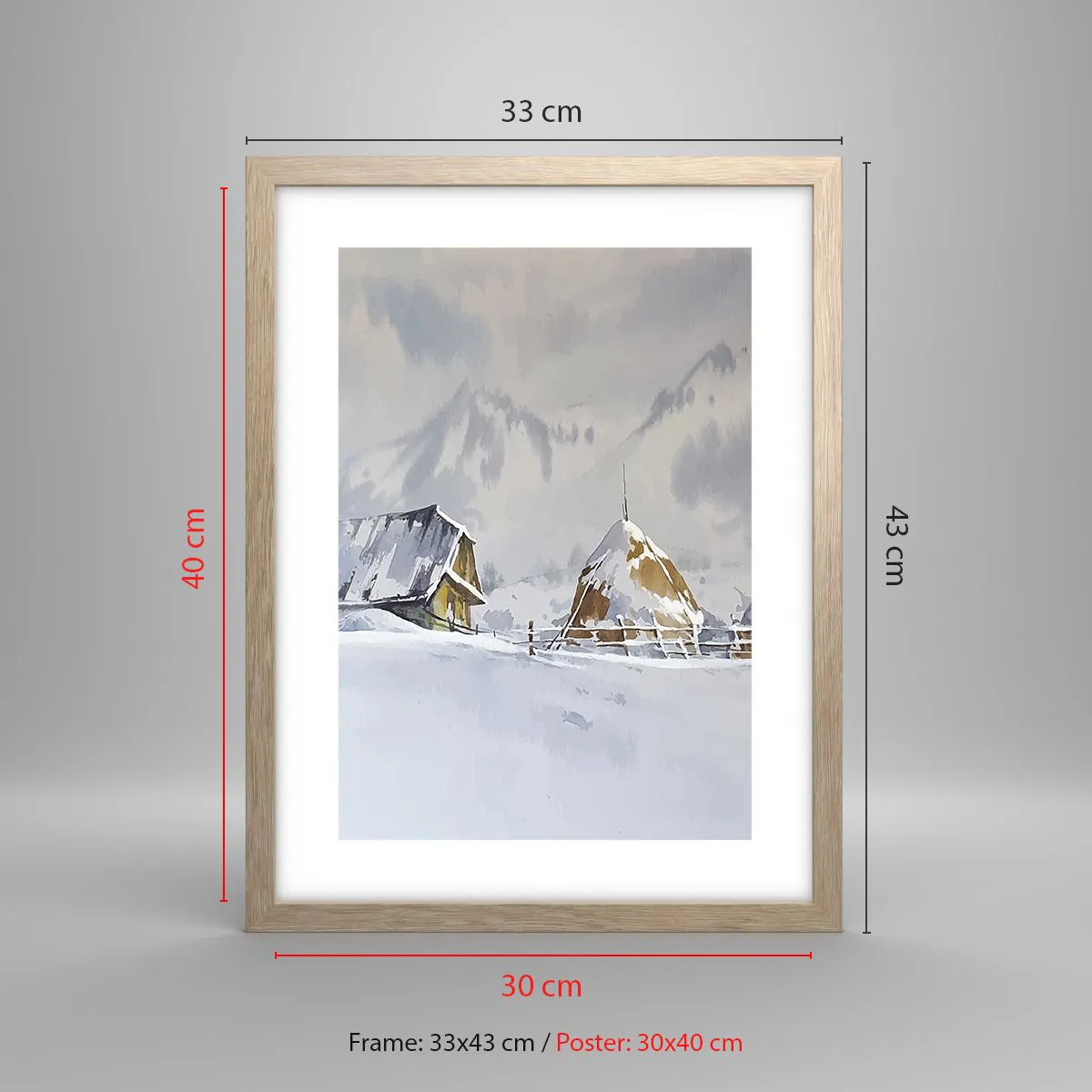 Affiche dans un chêne clair - Poster - Dans une vallée enneigée - 30x40 cm