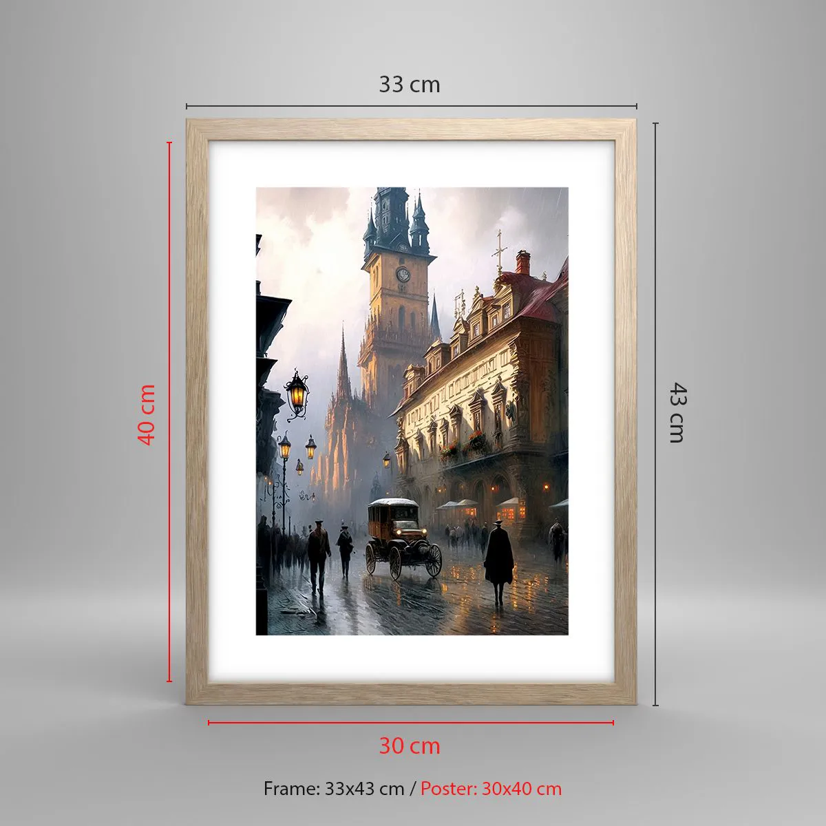 Poster in einem Rahmen aus heller Eiche - Charme eines Prager Abends - 30x40 cm