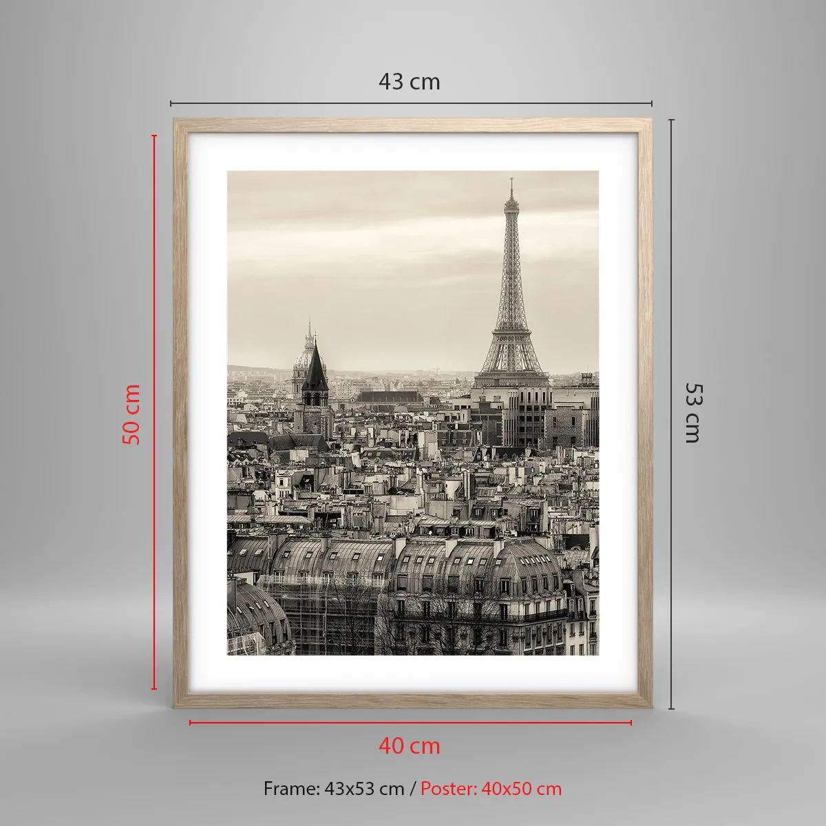Plakat i ramme af lyst egetræ - Over Paris' hustage - 40x50 cm