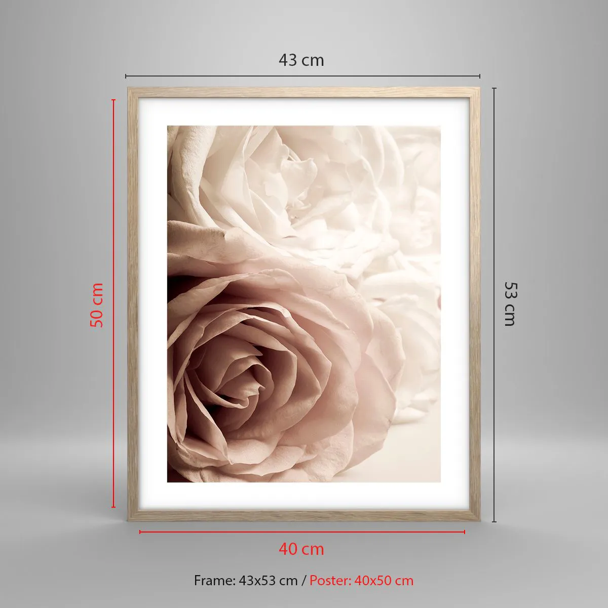 Plakat i ramme af lyst egetræ - I rosens hjerte - 40x50 cm