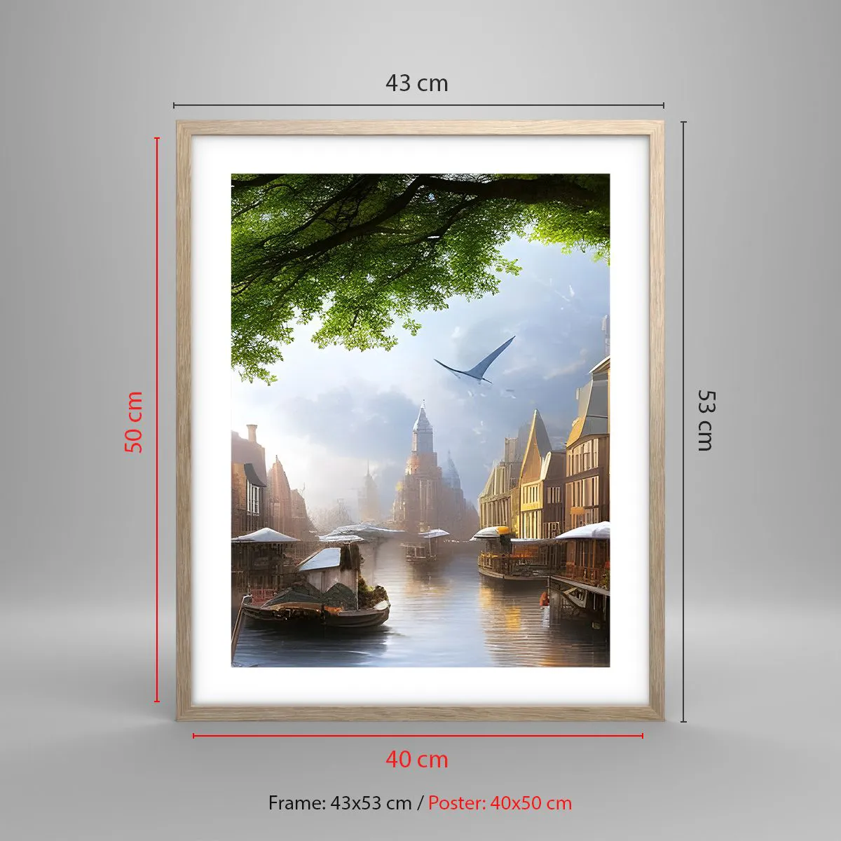 Plakat i ramme af lyst egetræ - Hollandsk bybillede - 40x50 cm