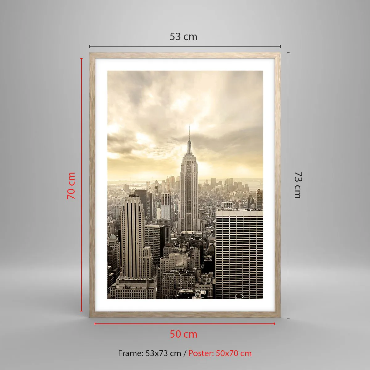 Pôster com moldura de carvalho claro - Nova Iorque em tons de cinza - 50x70 cm