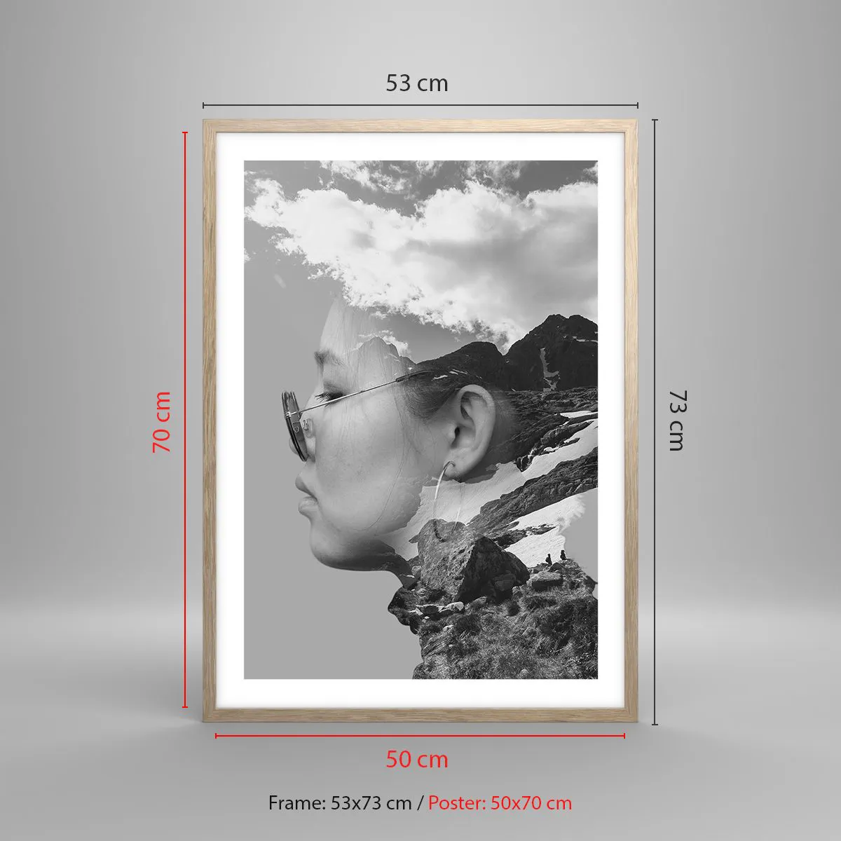 Plakát v rámu světlý dub - Povznešen portrét v oblacích - 50x70 cm