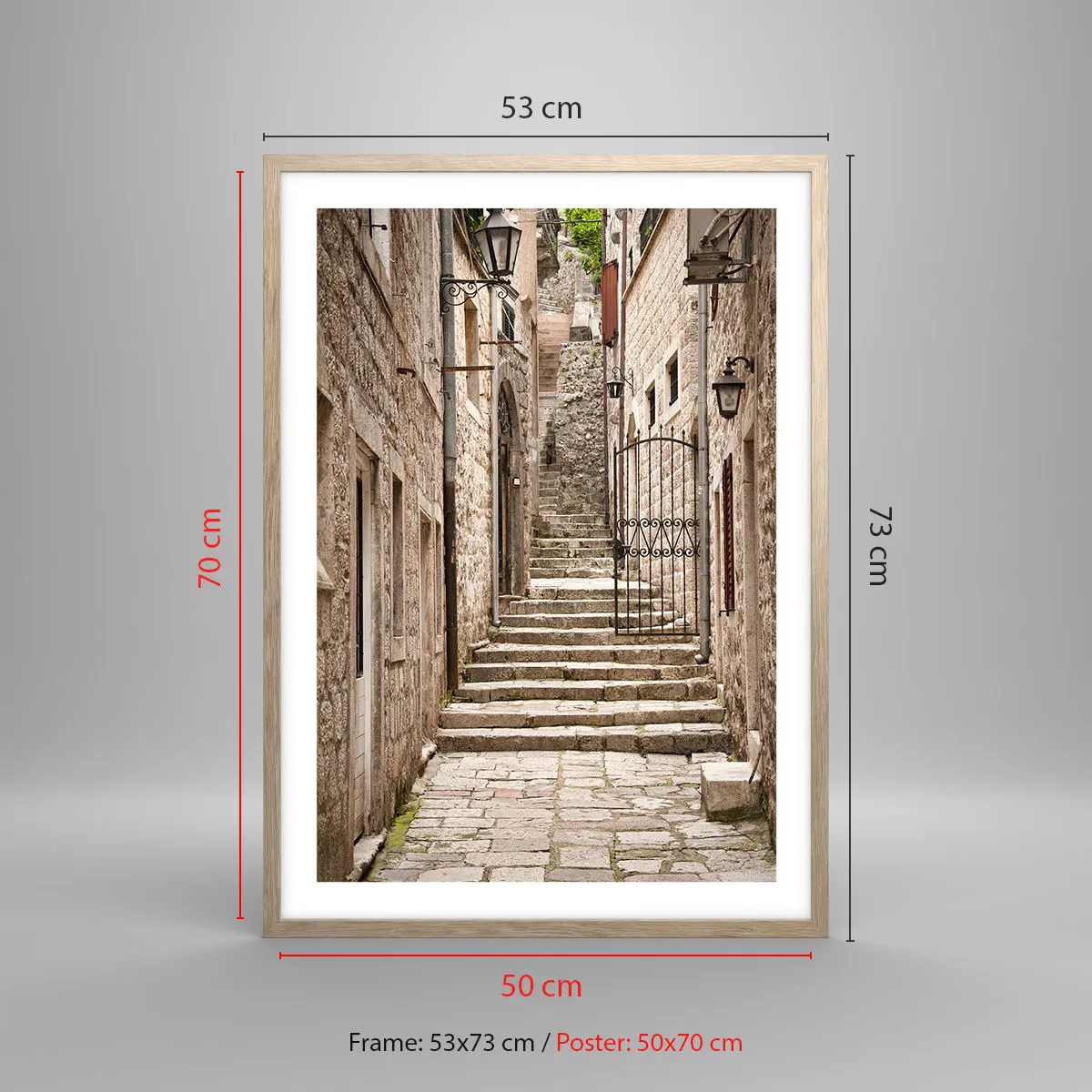 Poszter világos tölgy keretben - Varázslatos régi sikátor - 50x70 cm