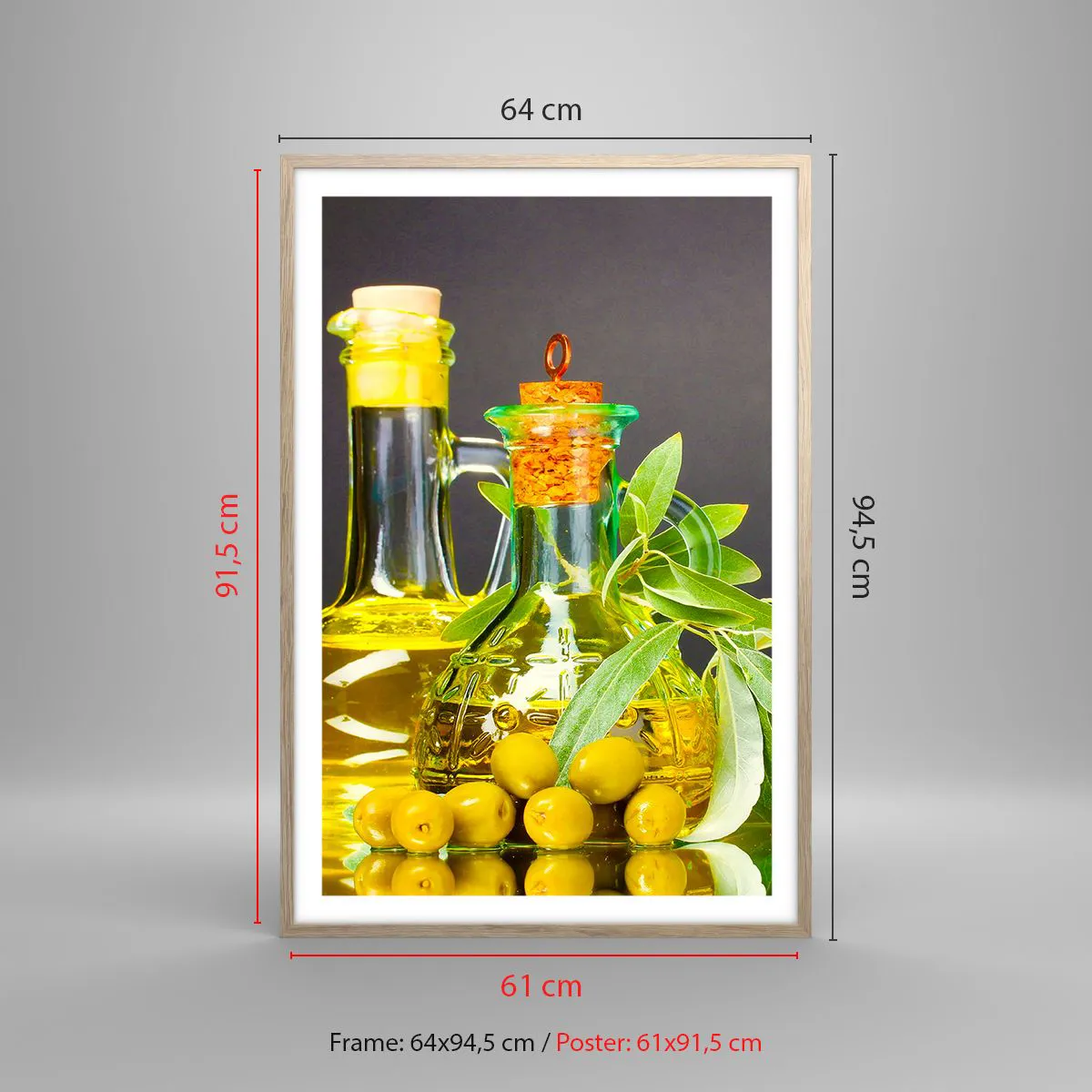 Poszter világos tölgy keretben - Csendélet olívabogyóval és olívaolajjal - 61x91 cm