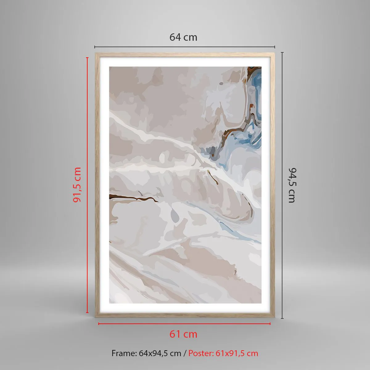 Een poster in een licht eiken lijst - Blauw kronkelt onder het wit - 61x91 cm