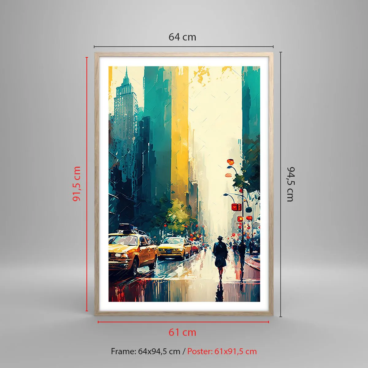 Poster in einem Rahmen aus heller Eiche - New York – selbst der Regen ist hier bunt - 61x91 cm