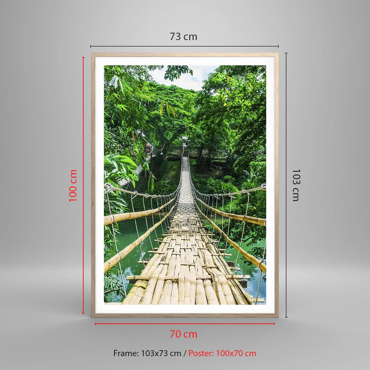 Poster in einem Rahmen aus heller Eiche - Monkey Bridge über das Grün - 70x100 cm