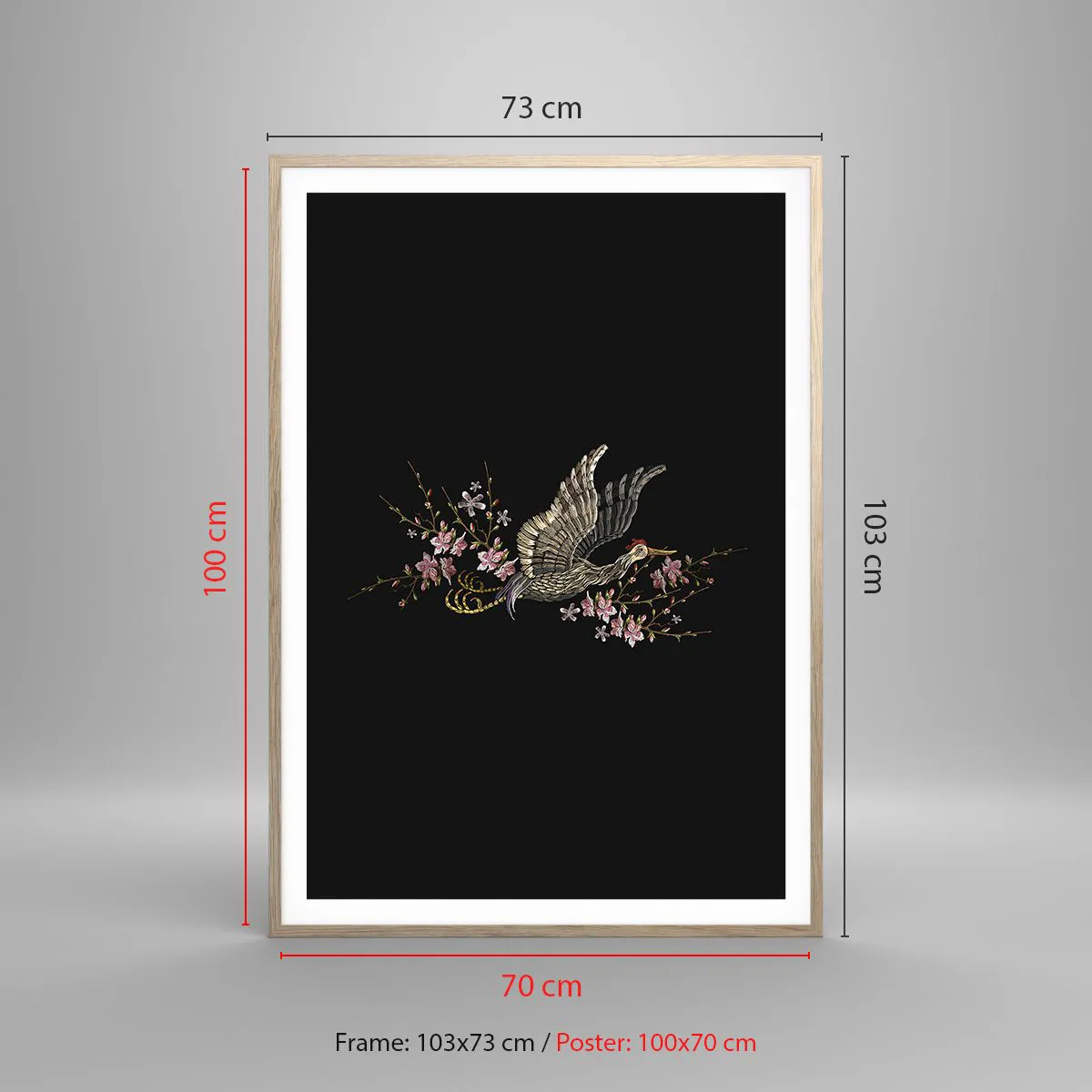 Affiche dans un chêne clair - Poster - Oiseau brodé exotique - 70x100 cm