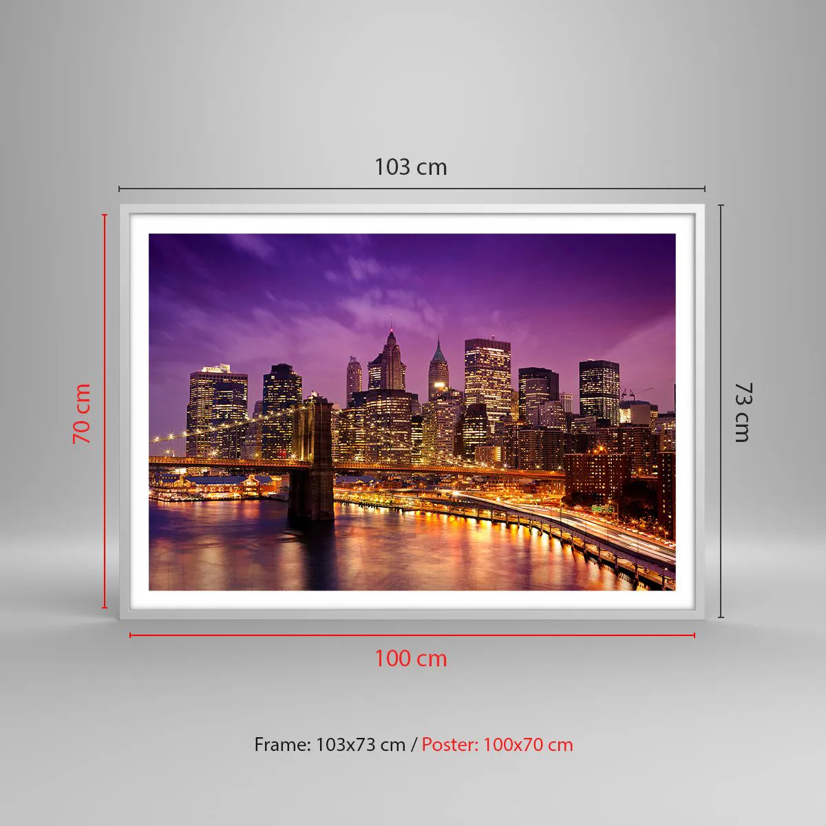 Plagát v bielom ráme - Fialovo-zlatý Manhattan - 100x70 cm