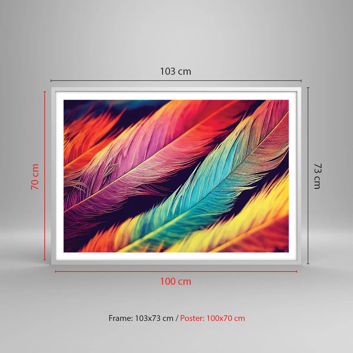 Poster in einem weißen Rahmen - Gefiederter Regenbogen - 100x70 cm