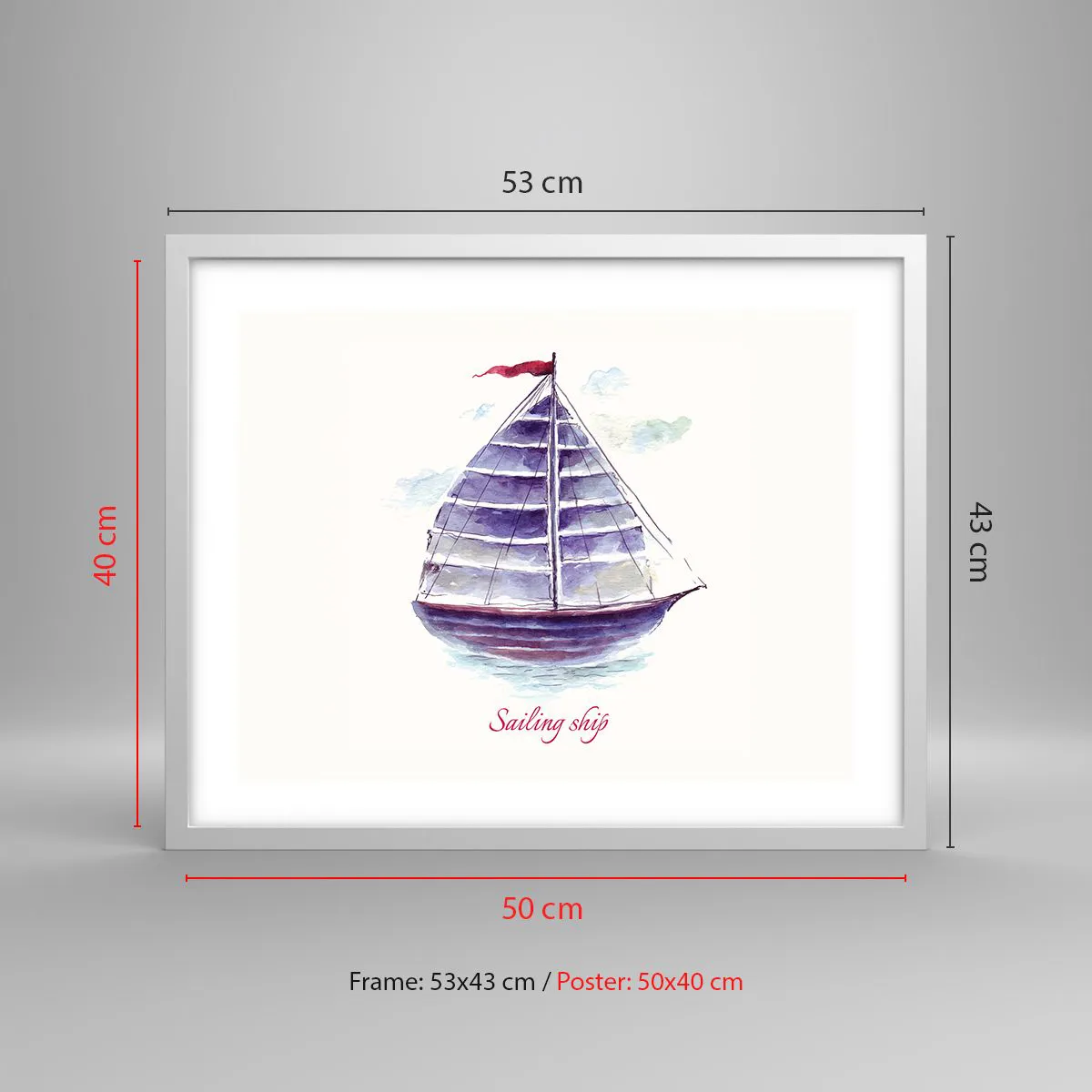 Plakát v bílém rámu - Napnuté plachty a klidná voda - 50x40 cm