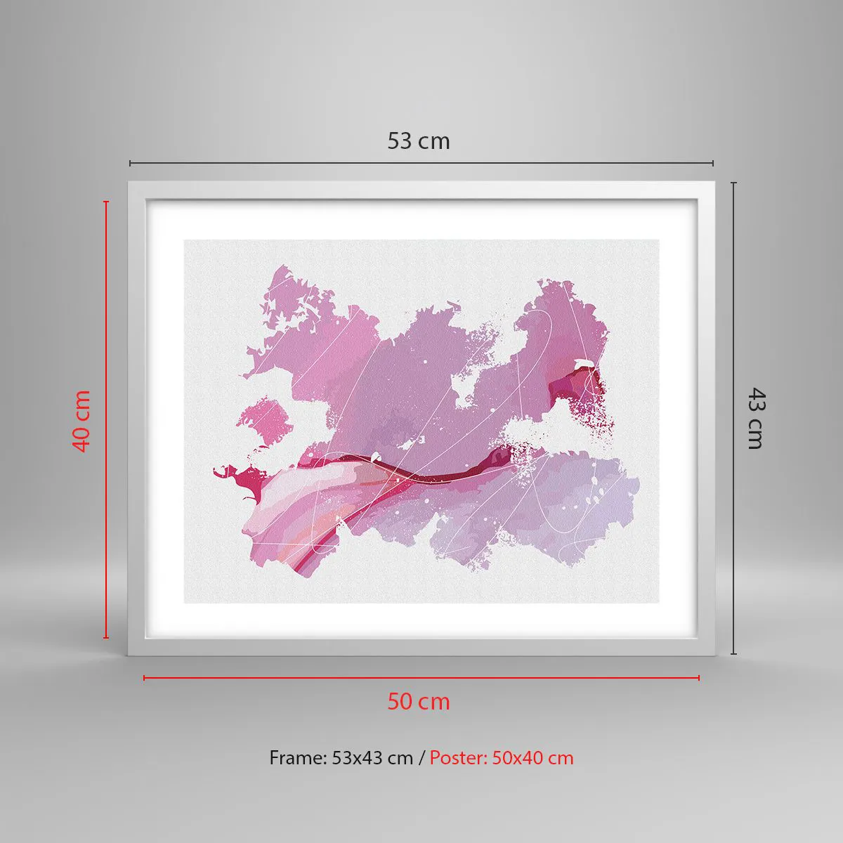 Plakat w białej ramie - Mapa różowego świata - 50x40 cm