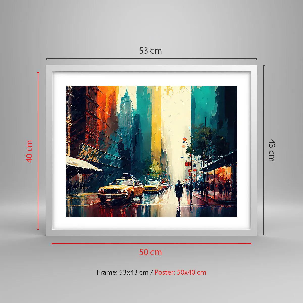 Plakat w białej ramie - Nowy Jork – tu nawet deszcz jest kolorowy - 50x40 cm