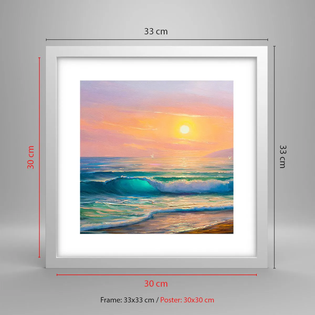 Plakat w białej ramie - Turkusowa pieśń fal - 30x30 cm