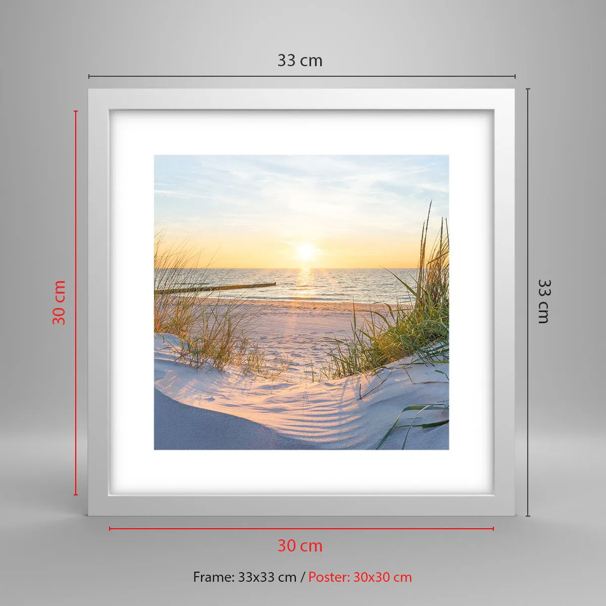 Poster in einem weißen Rahmen - Das Rauschen des Meeres, der Gesang der Vögel, ein wilder Strand im Gras ... - 30x30 cm