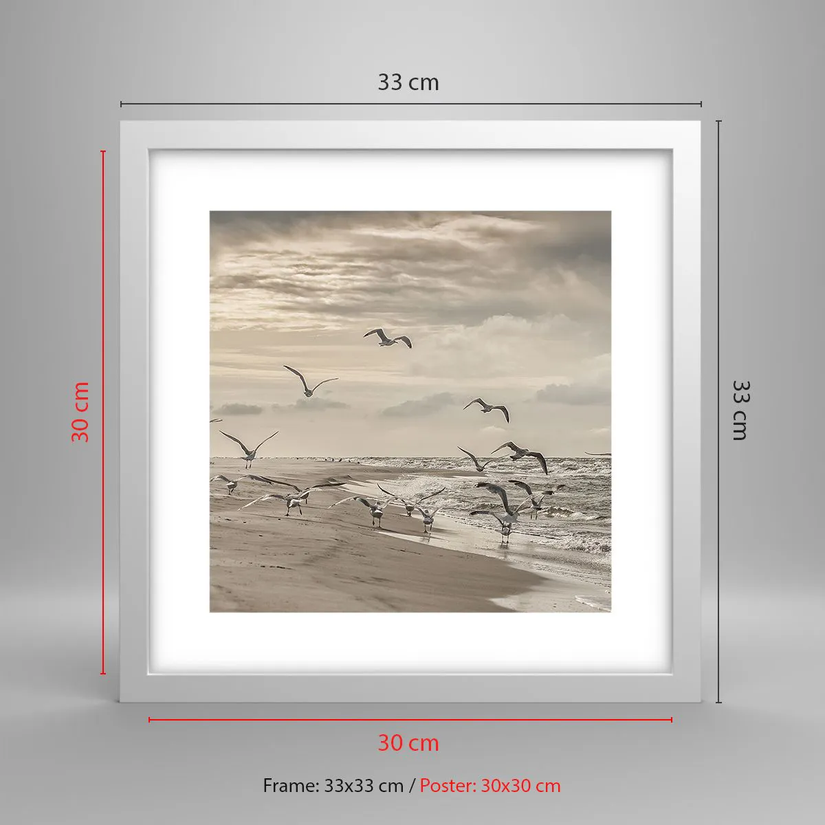 Affisch i vit ram - Havets brus, fågelsång - 30x30 cm