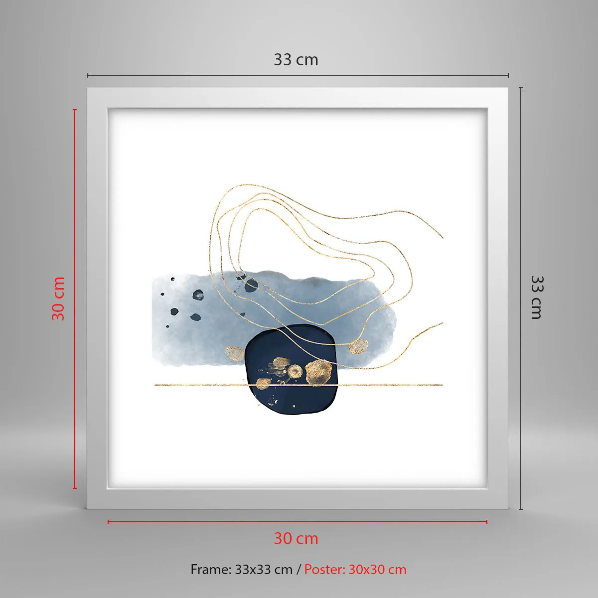Affisch i vit ram - Blå-guld fantasi - 30x30 cm