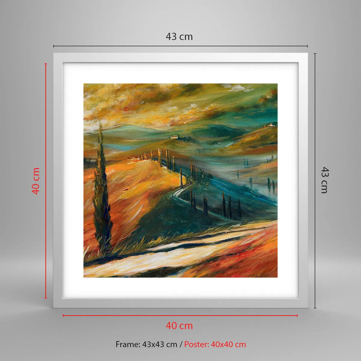 Affisch i vit ram - Toskanskt landskap - 40x40 cm