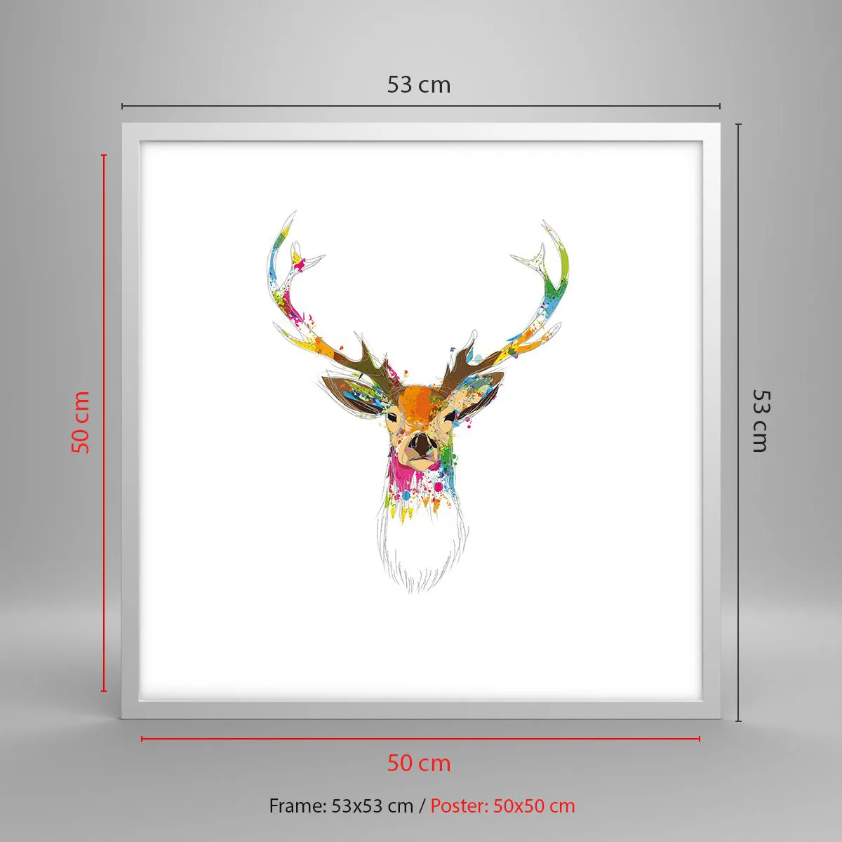 Affiche dans un cadre blanc - Poster - Un cerf doux baigné de couleur - 50x50 cm
