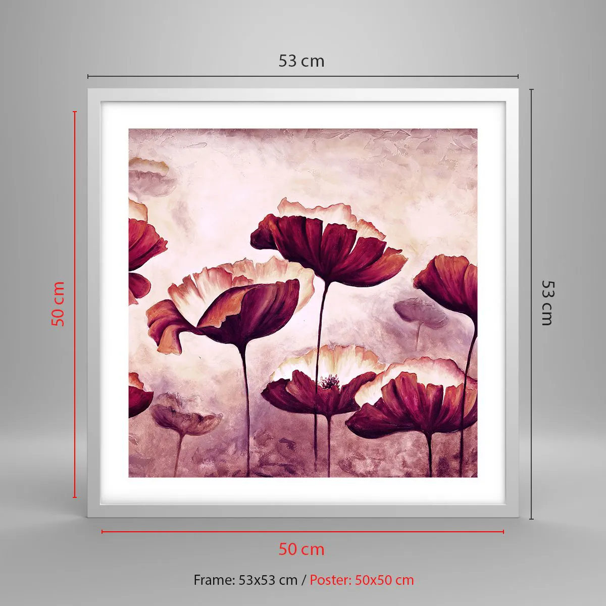 Plakat w białej ramie - Płatek czerwony i biały - 50x50 cm