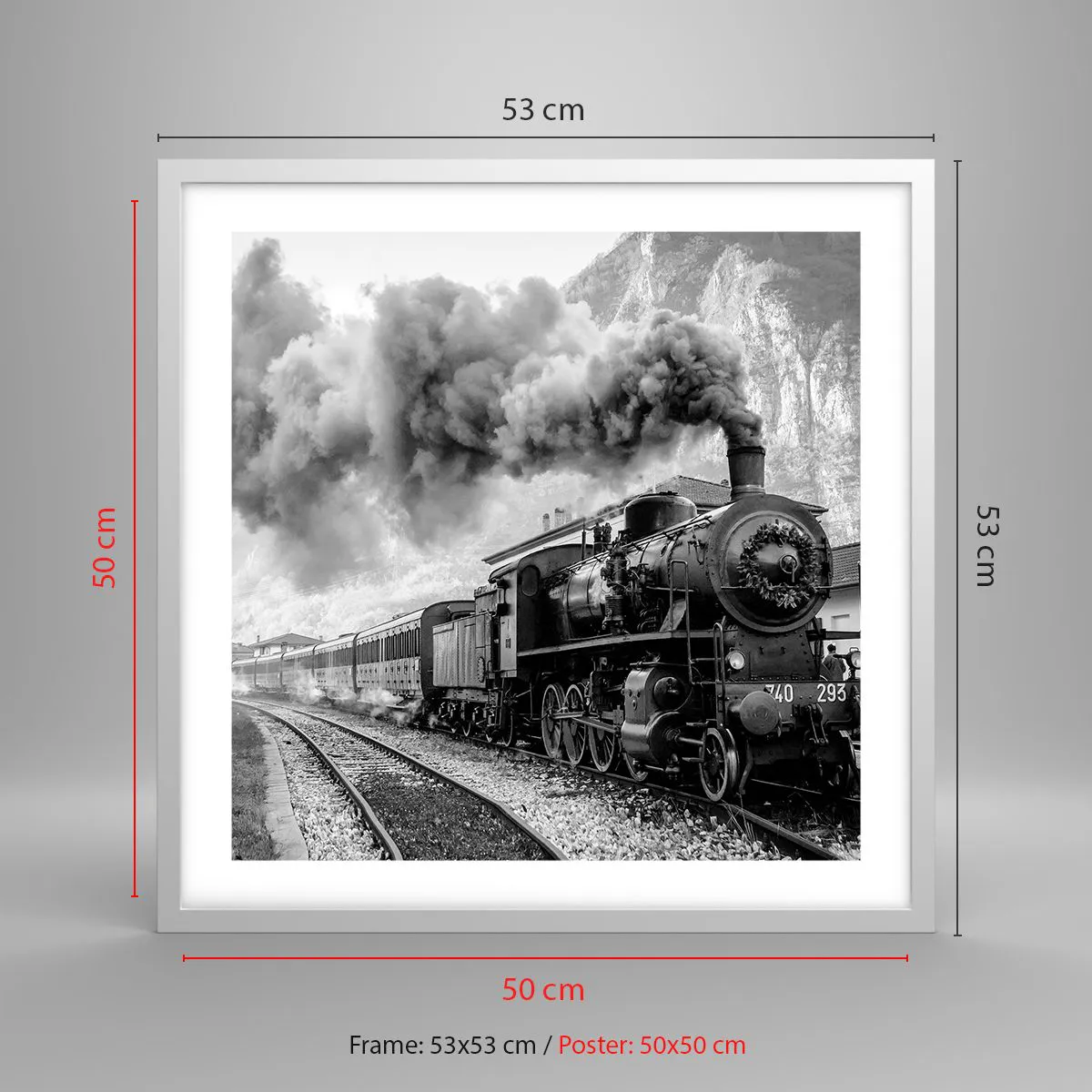 Poszter fekete keretben - Indulását a mozdony várja… - 50x50 cm