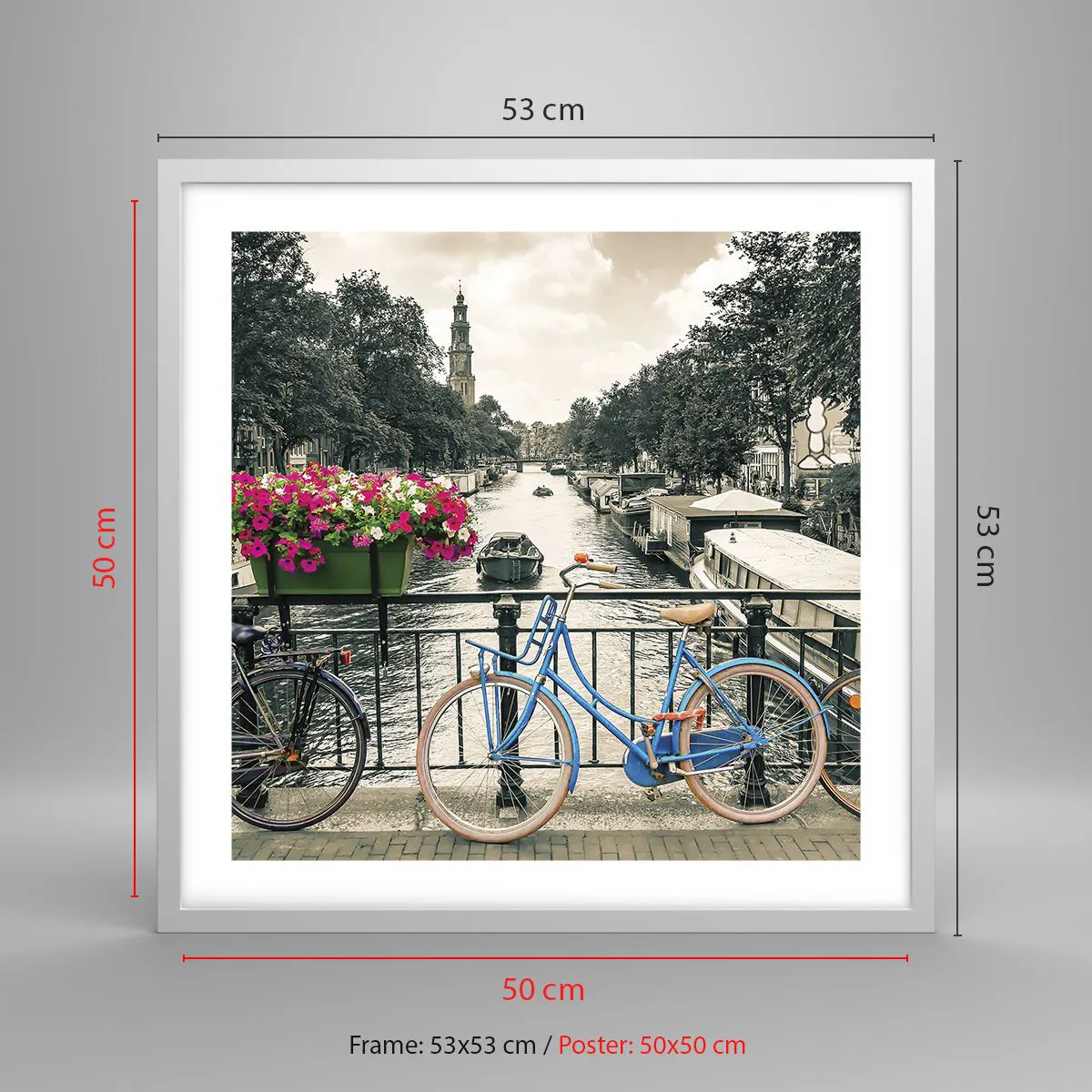 Plakát v bílém rámu - Barvy amsterdamské ulice - 50x50 cm