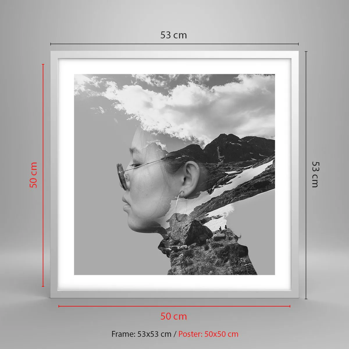 Plagát v bielom ráme - Povznešený portrét v oblakoch - 50x50 cm