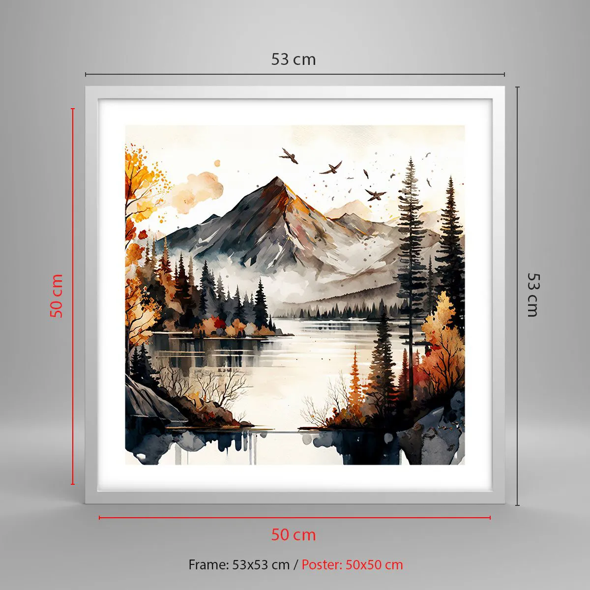 Plakat i hvid ramme - Gyldent efterår i bjergene - 50x50 cm