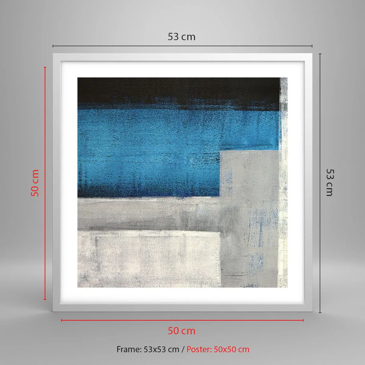 Poster in een witte lijst - Een poëtische compositie van grijs en blauw - 50x50 cm