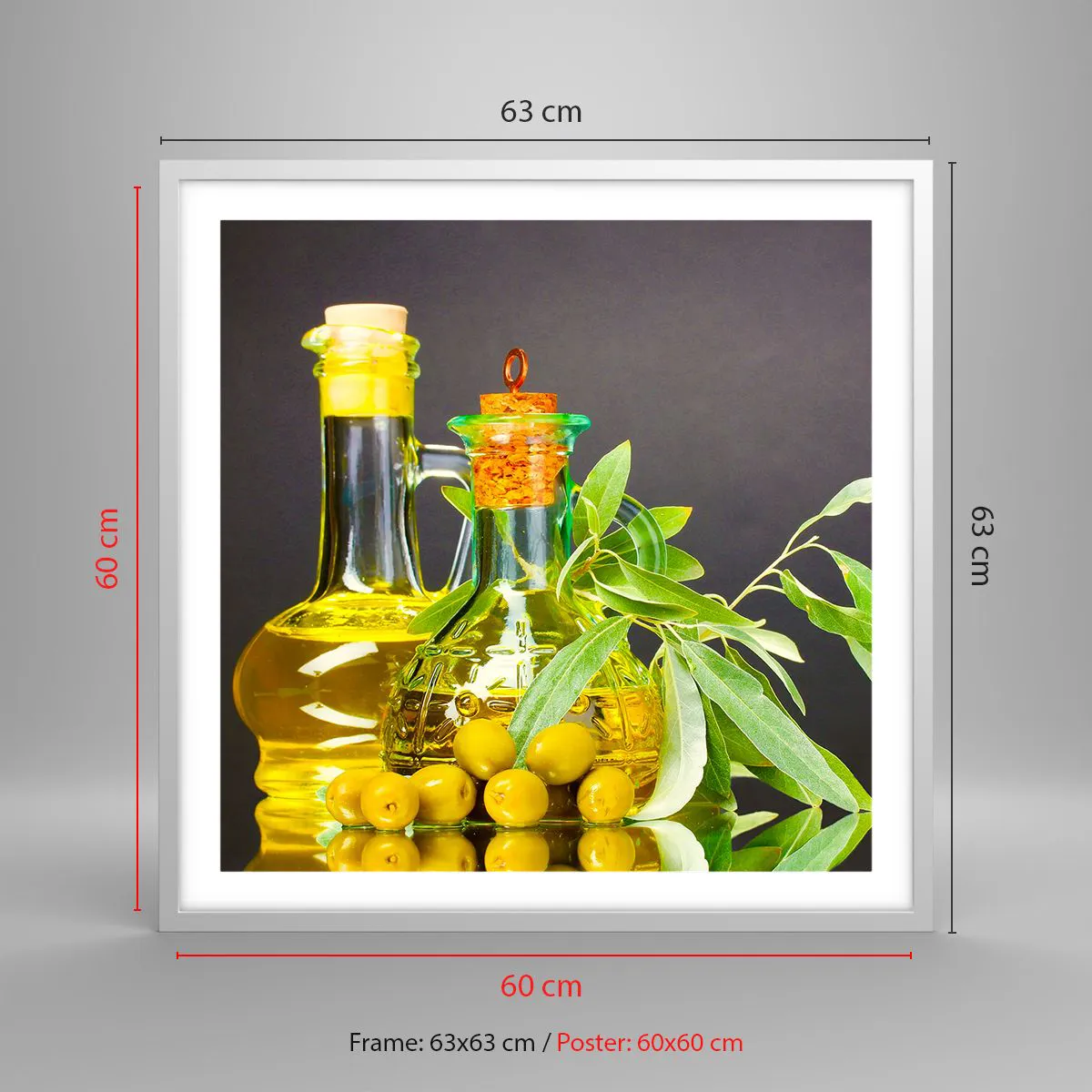 Plagát v bielom ráme - Zátišie s olivami a olejom - 60x60 cm