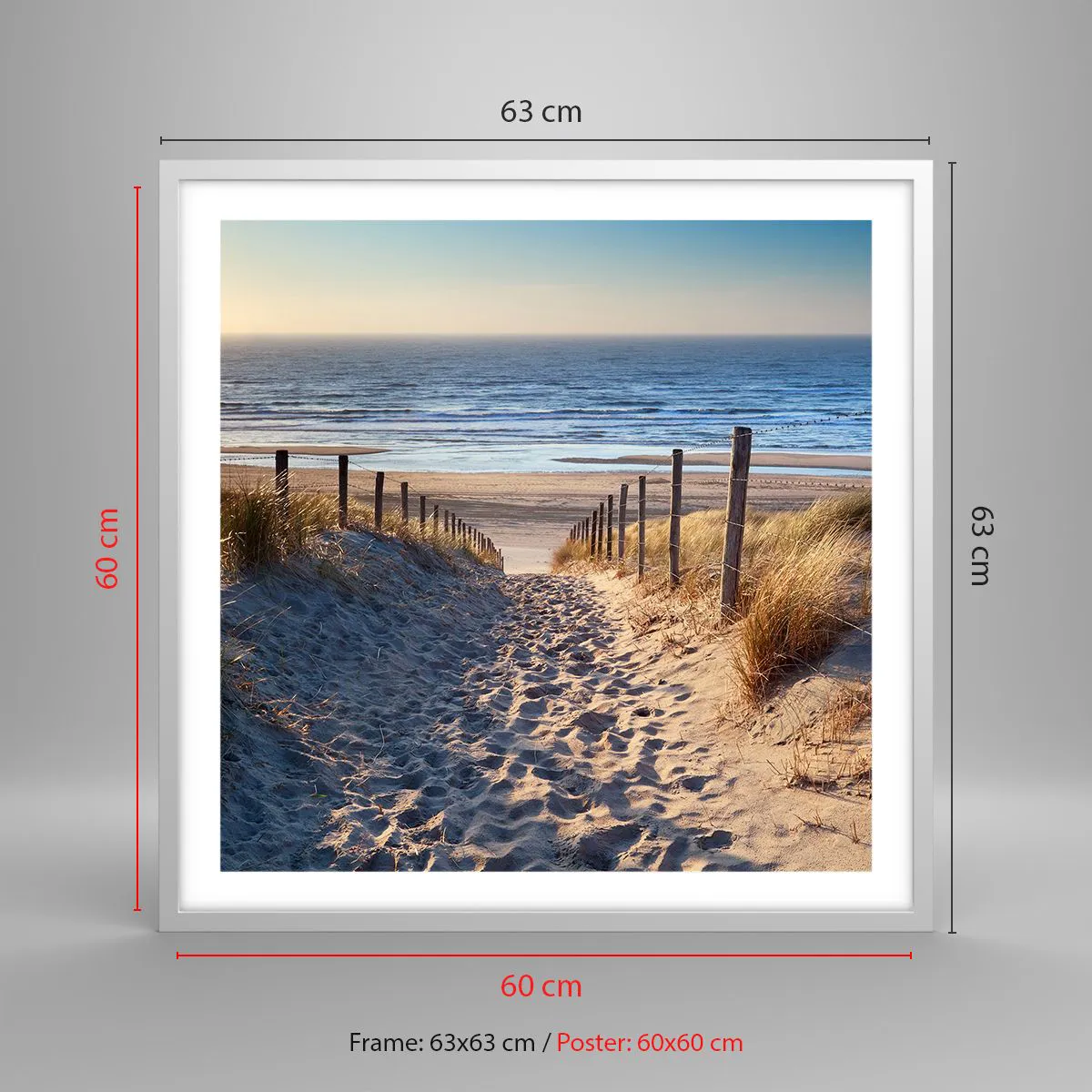 Póster en marco blanco - El sonido del mar, el canto de los pájaros, una playa virgen entre las dunas... - 60x60 cm