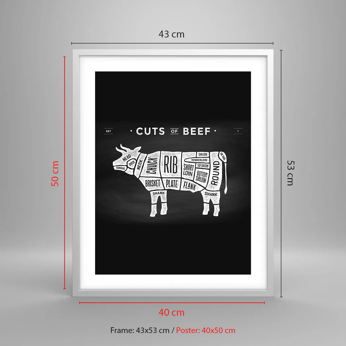 Poster în ramă albă - Abecedar de măcelar - 40x50 cm