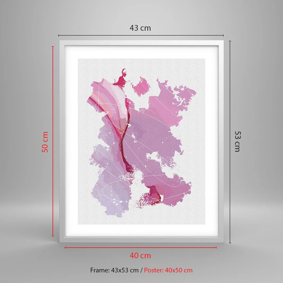 Poster in cornice bianca - Mappa del mondo rosa - 40x50 cm