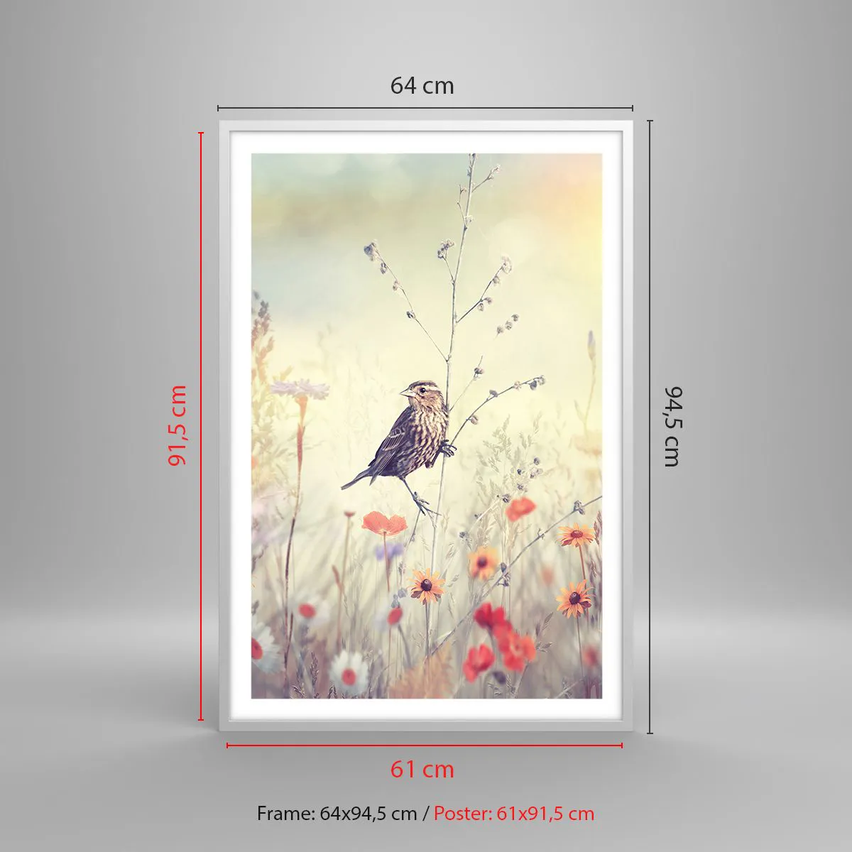 Plakat w białej ramie - Ptasi portret z łąką w tle - 61x91 cm