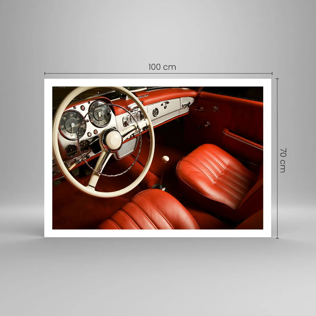 Poster - Oldtimer-Innenraum mit roten Ledersitzen - 100x70cm - Luxus im Vintagestil - Moderne Wanddekoration für Wohnzimmer und Schlafzimmer ARTTOR