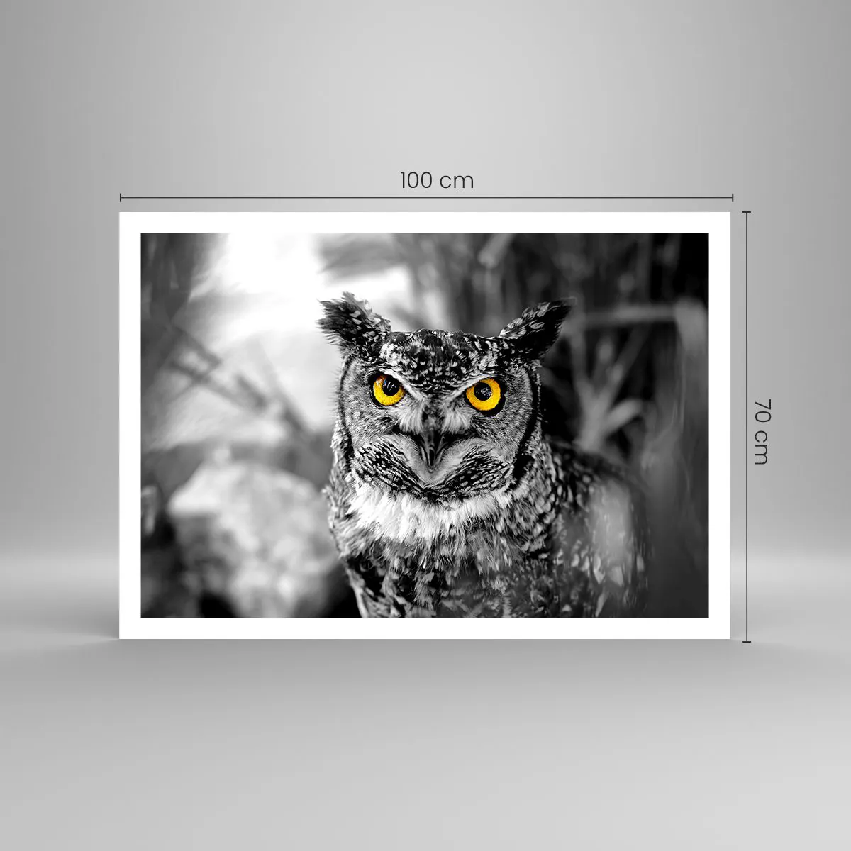 Poster - Uno scatto in bianco e nero di un gufo con gli occhi gialli - 100x70cm - Non si può nascondere niente - Decorazione murale moderna per soggiorno e camera da letto ARTTOR