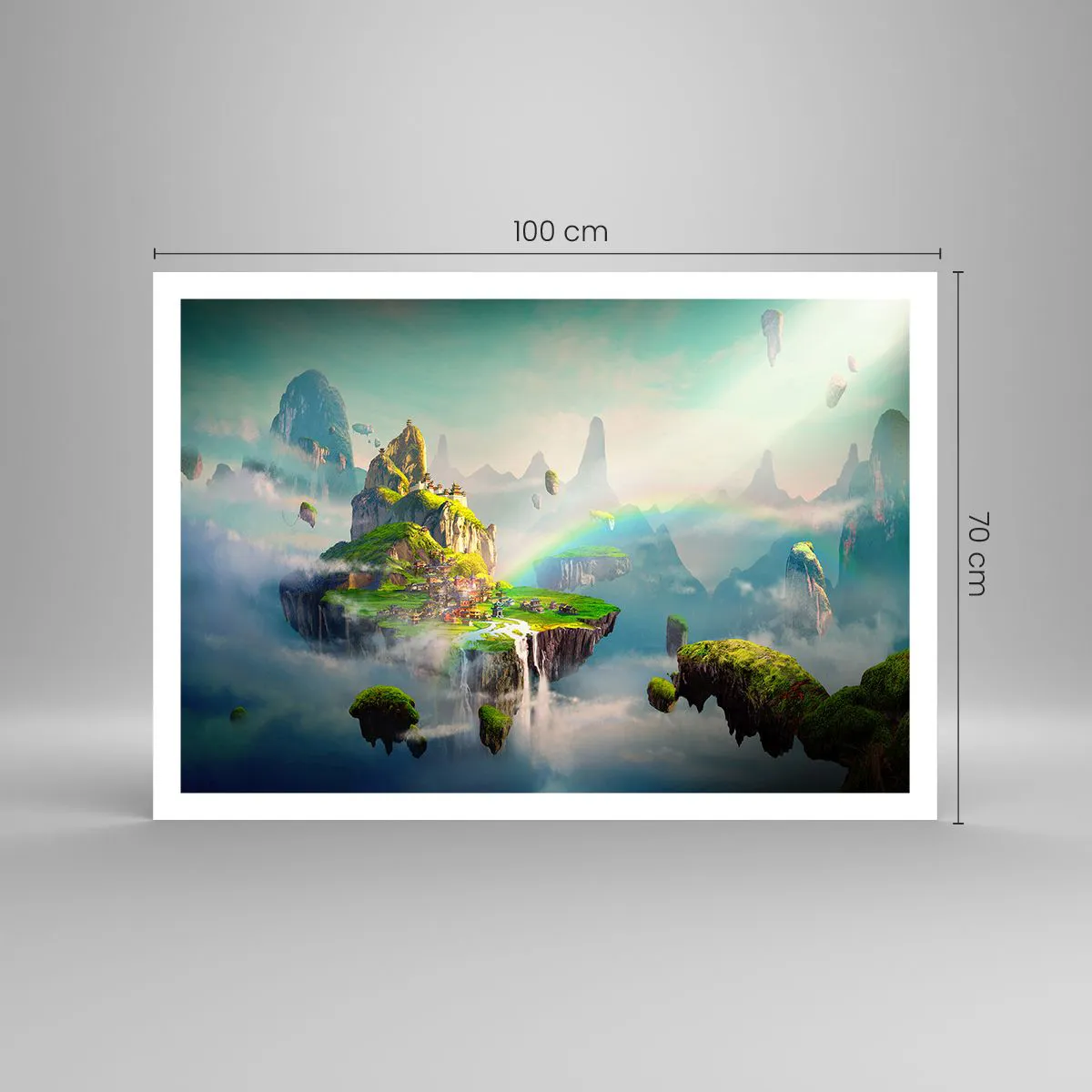 Poster - Isole volanti tra le nuvole con un arcobaleno all'orizzonte - 100x70cm - In mezzo al cielo: isole fortunate - Decorazione murale moderna per soggiorno e camera da letto ARTTOR