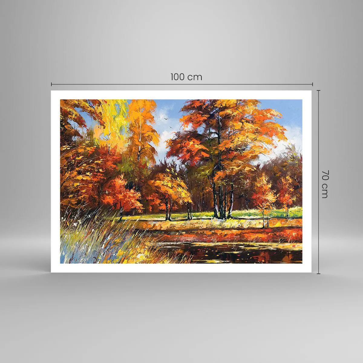 Affiche - Poster - Paysage d'automne avec des arbres colorés et un étang - 100x70cm - Paysage en or et bronze - Décoration murale moderne pour le salon et la chambre ARTTOR