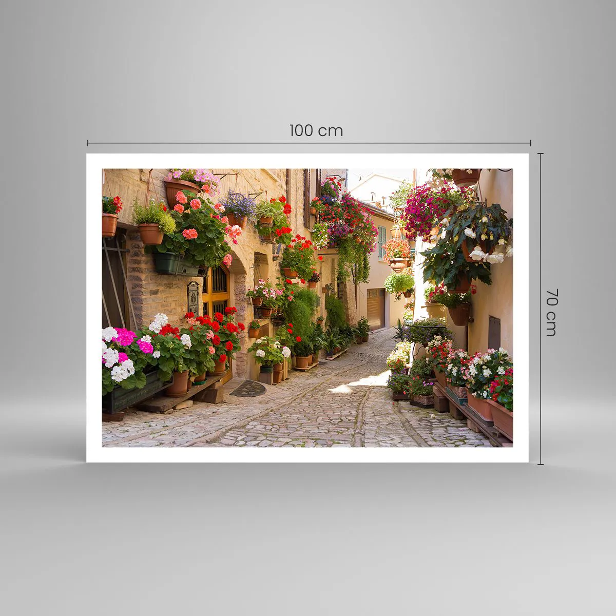 Affiche - Poster - Une rue avec des pots de fleurs et des murs de pierre - 100x70cm - Une inondation de fleurs  - Décoration murale moderne pour le salon et la chambre ARTTOR