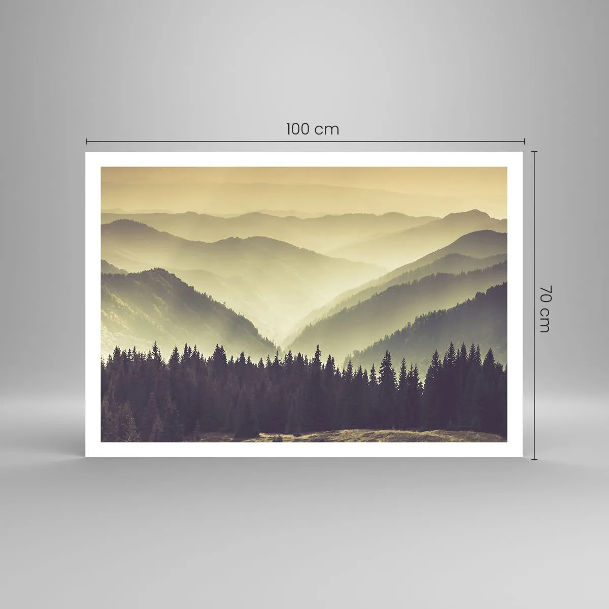 Poster - Malerische Bergketten im Nebel in warmem Licht - 100x70cm - Hinter den sieben Bergen ... - Moderne Wanddekoration für Wohnzimmer und Schlafzimmer ARTTOR