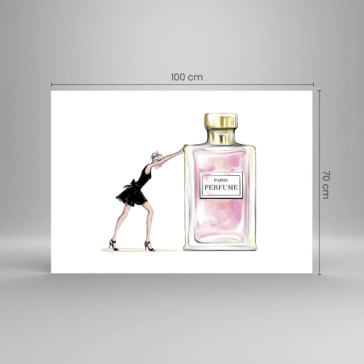 Plakat - Kobieta w czarnej sukience przy flakonie perfum - 100x70cm - Esencja kobiecości - Nowoczesna dekoracja ścienna do salonu i sypialni ARTTOR
