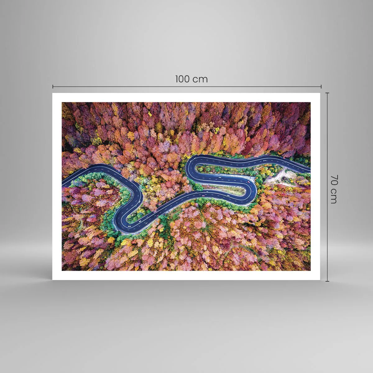 Affiche - Poster - Une route sinueuse dans une forêt d'automne vue à vol d'oiseau - 100x70cm - Route sinueuse à travers la forêt - Décoration murale moderne pour le salon et la chambre ARTTOR