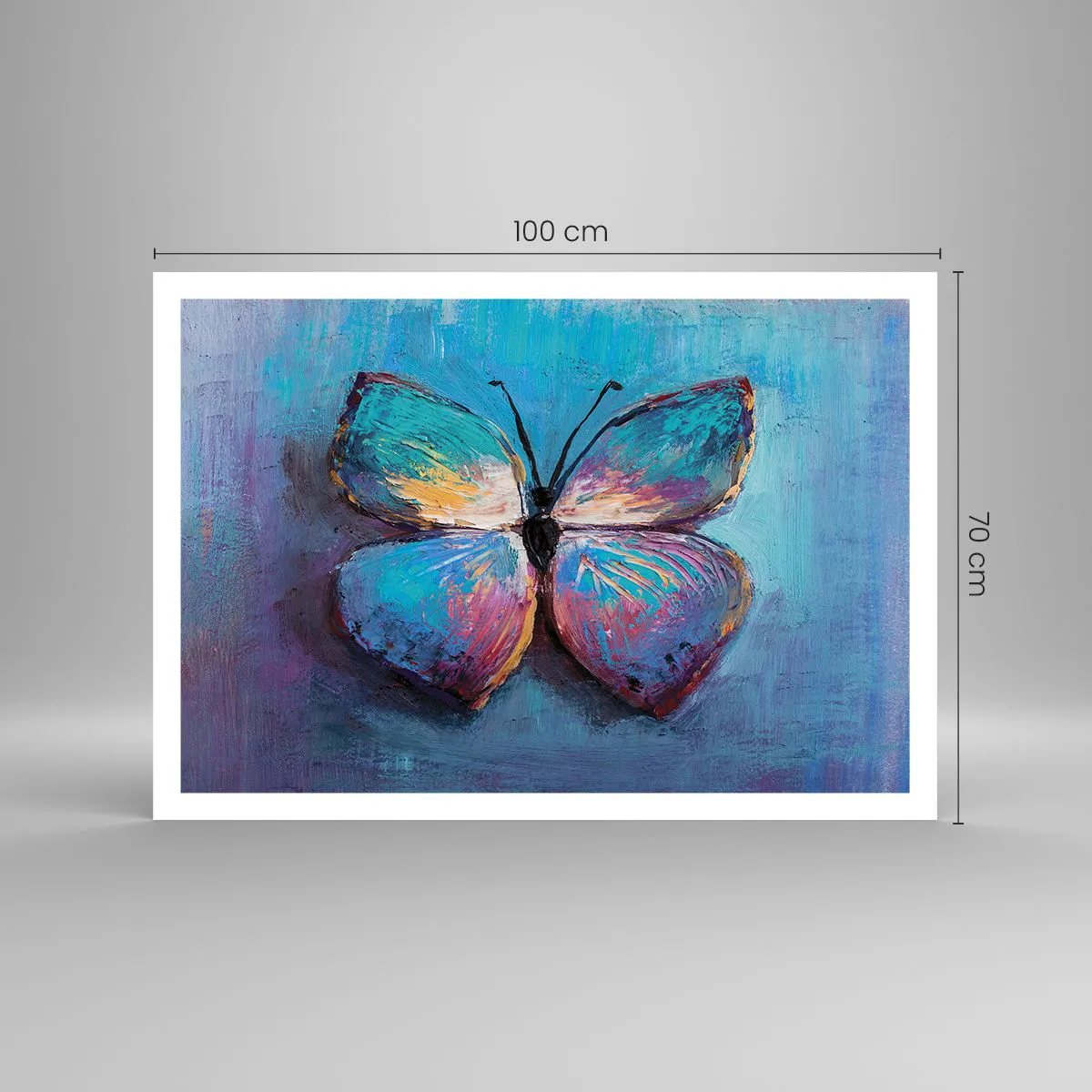 Poster - Bunter Schmetterling auf blauem Hintergrund - 100x70cm - In all seiner Pracht - Moderne Wanddekoration für Wohnzimmer und Schlafzimmer ARTTOR