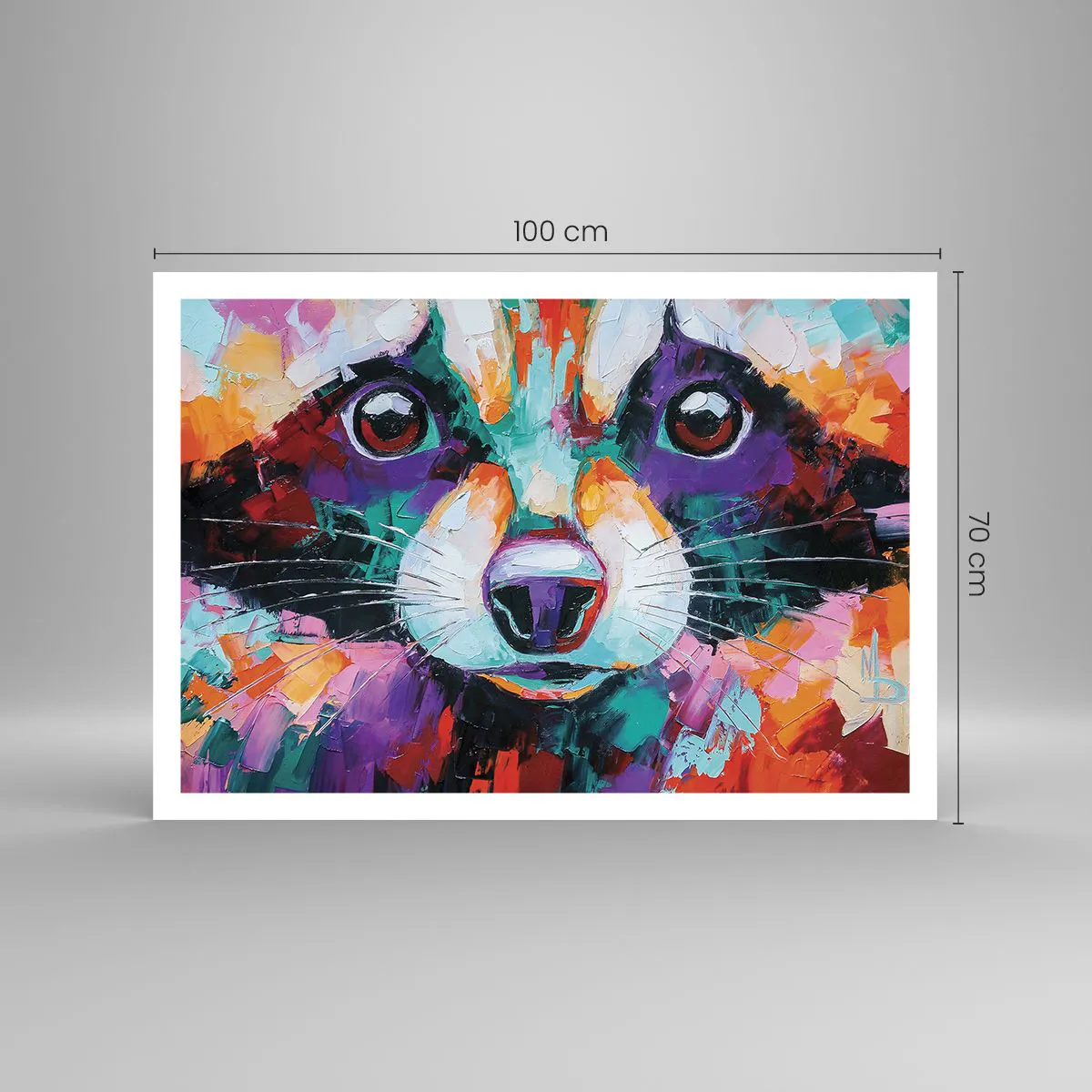 Poster - Ein farbenfrohes Porträt eines Waschbären im Stil der expressiven Malerei. - 100x70cm - Nur gute Emotionen - Moderne Wanddekoration für Wohnzimmer und Schlafzimmer ARTTOR