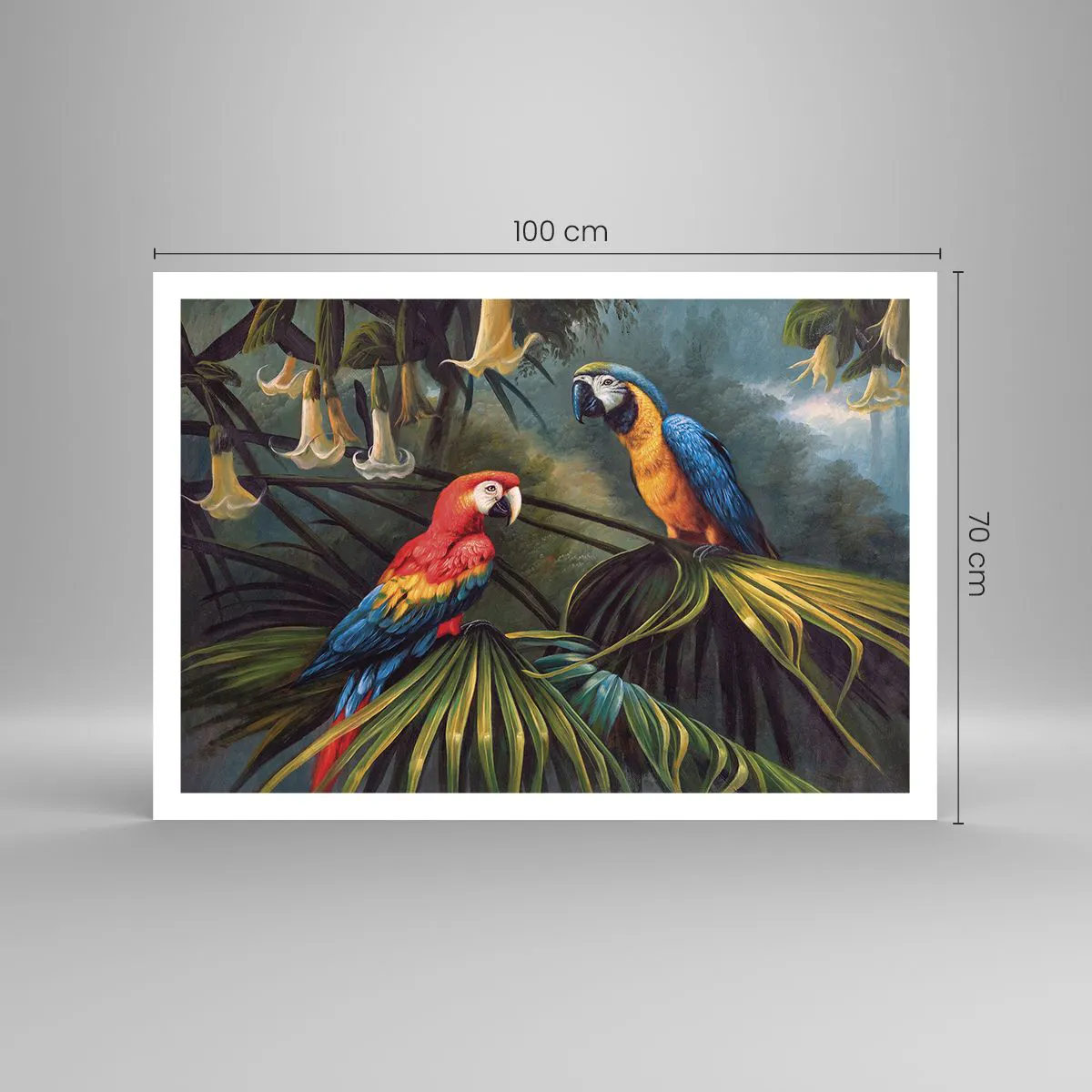 Póster - Loros en un bosque tropical con flores exóticas al fondo. - 100x70cm - Romanticismo en los trópicos - Decoración de pared moderna para salón y dormitorio ARTTOR