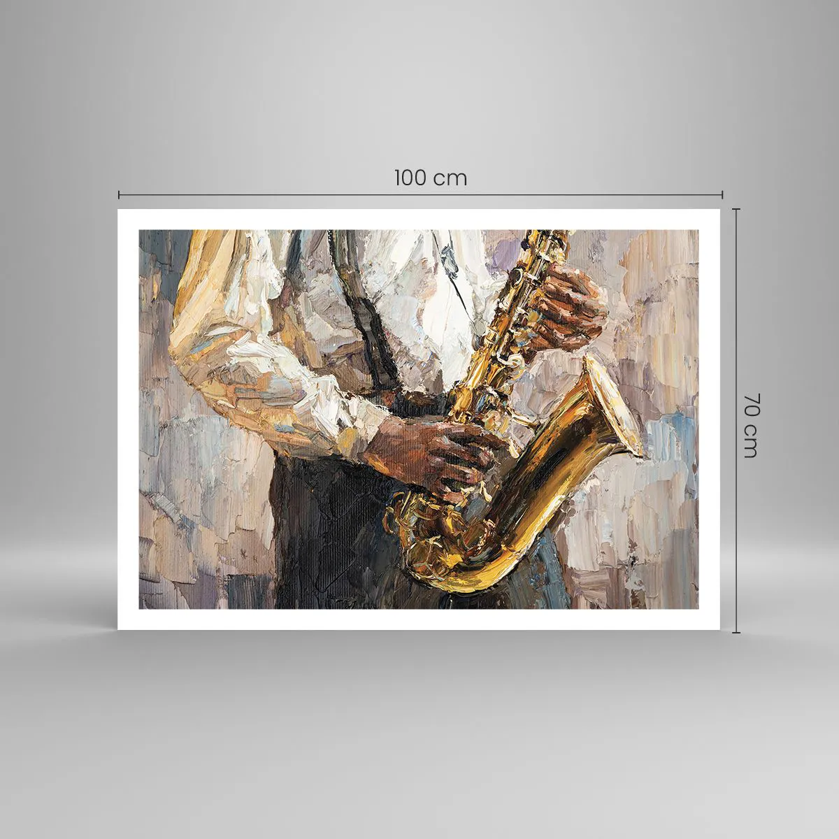 Poster - Ein Musiker, der Saxophon in einem künstlerischen Stil spielt - 100x70cm - Zeit fürs Solo - Moderne Wanddekoration für Wohnzimmer und Schlafzimmer ARTTOR